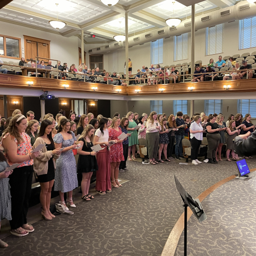 Room of students in Lang Hall at convocation 