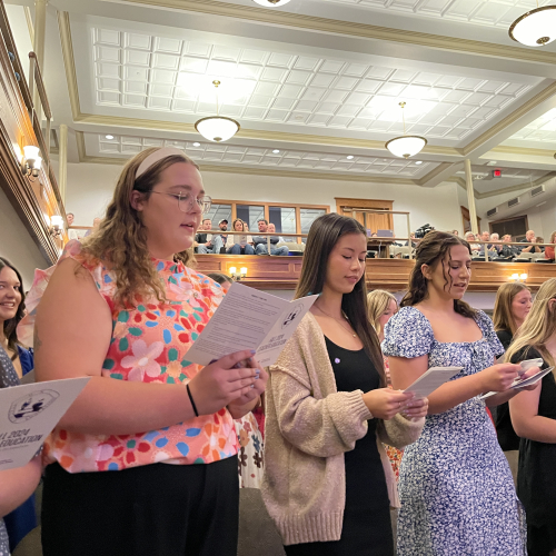 Students reciting the affirmation pledge to teaching