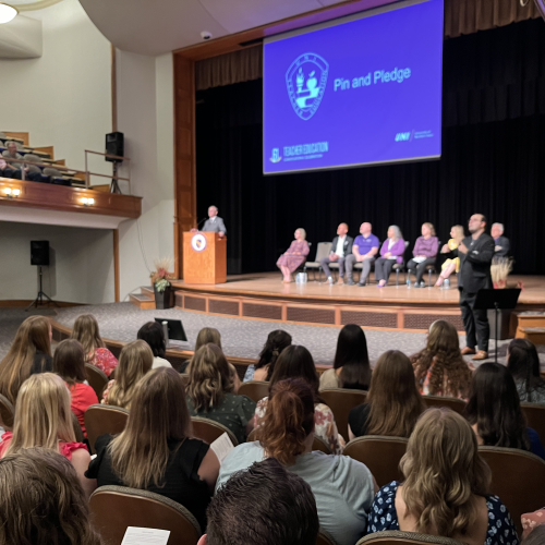 Lang Hall filled with convocation students and teacher education leadership